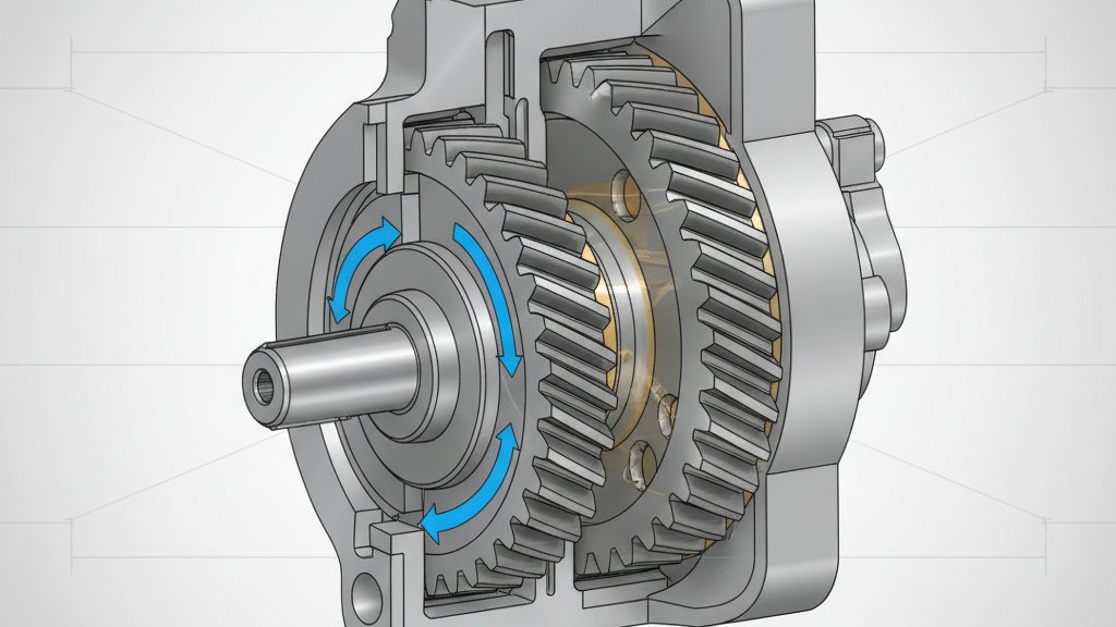 תרשים חתך של משאבת שמן גלגלי שיניים חיצונית, המציג את כיוון זרימת השמן ואת גלגלי השיניים המשתלבים.