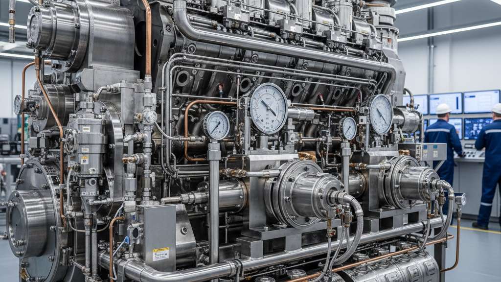 מנוע תעשייתי גדול עם מערכת משאבות ושמנים מורכבת, מדגיש את החיוניות של משאבות השמן בתפעולו.