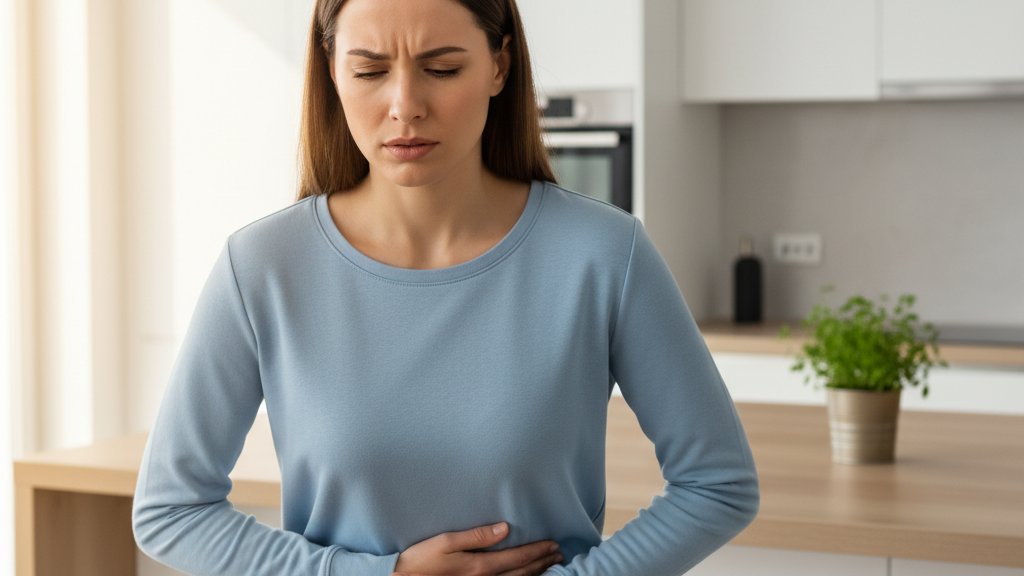 אישה צעירה מחזיקה את בטנה ומביעה אי-נוחות, ברקע מטבח מודרני מואר