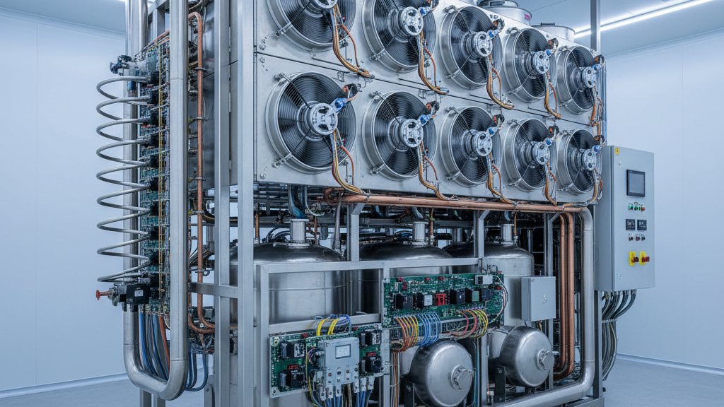 מבט פנימי על יחידת קירור תעשייתית גדולה עם צינורות מרובים, מאווררים ורכיבים אלקטרוניים, הממוקמת בחדר מכונות מודרני ונקי.
