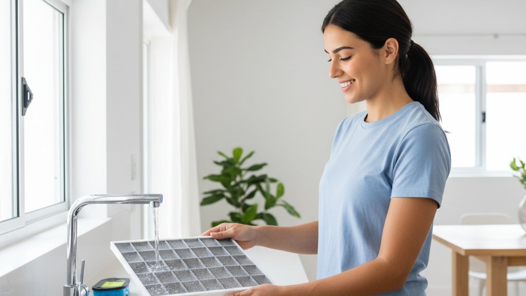 אישה צעירה מחייכת מנקה בעדינות את פילטר האוויר הניתן להסרה של יחידת קירור עילית בבית מואר, מדגימה תחזוקה שוטפת.