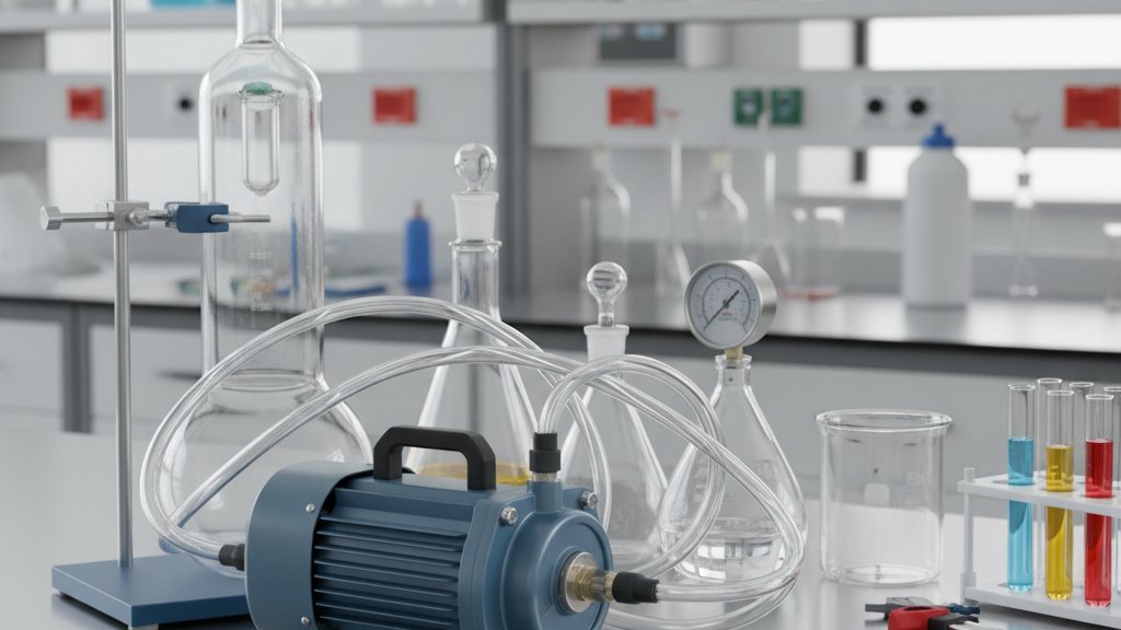 משאבת ואקום קטנה מסוג שבשבת סובבת, מוצבת על שולחן עבודה במעבדה, מחוברת לציוד ניסוי באמצעות צינורות גמישים. המשאבה קומפקטית ובצבע כחול-אפור, לידה כלים ומבחנות.