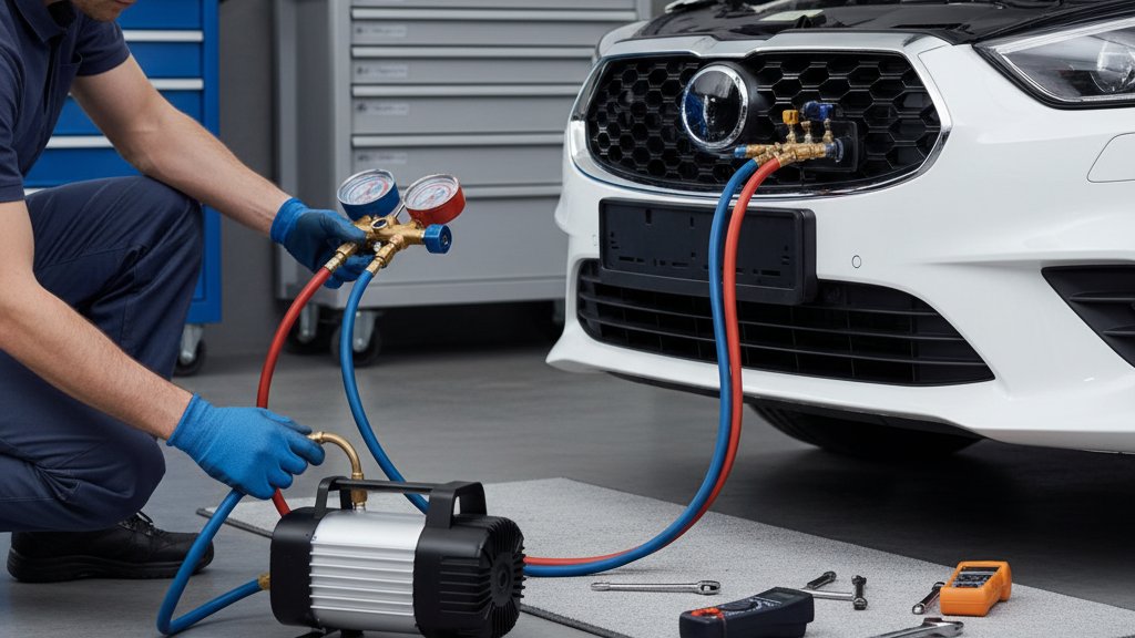 טכנאי בודק משאבת ואקום קטנה המחוברת למערכת מיזוג אוויר ברכב. הטכנאי לובש כפפות עבודה ומחזיק מד לחץ, עם המשאבה מונחת על הרצפה ליד הרכב ומחוברת לציוד בדיקה.