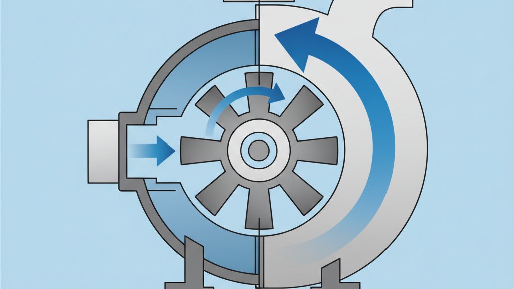 דיאגרמה המציגה את העקרון הפעולה של משאבה צנטריפוגלית עם חץ המציין את כיוון זרימת המים והאימפלר המסתובב.