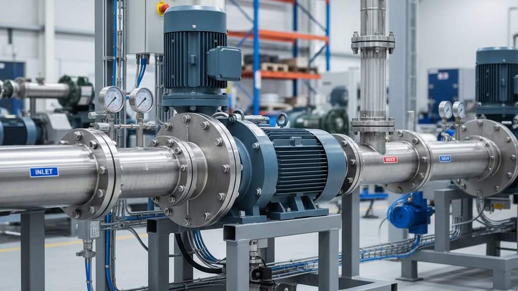 תמונה של משאבת העתקה חיובית מסוג משאבת גלגלי שיניים המותקנת במערכת תעשייתית, עם צינורות כניסה ויציאה.