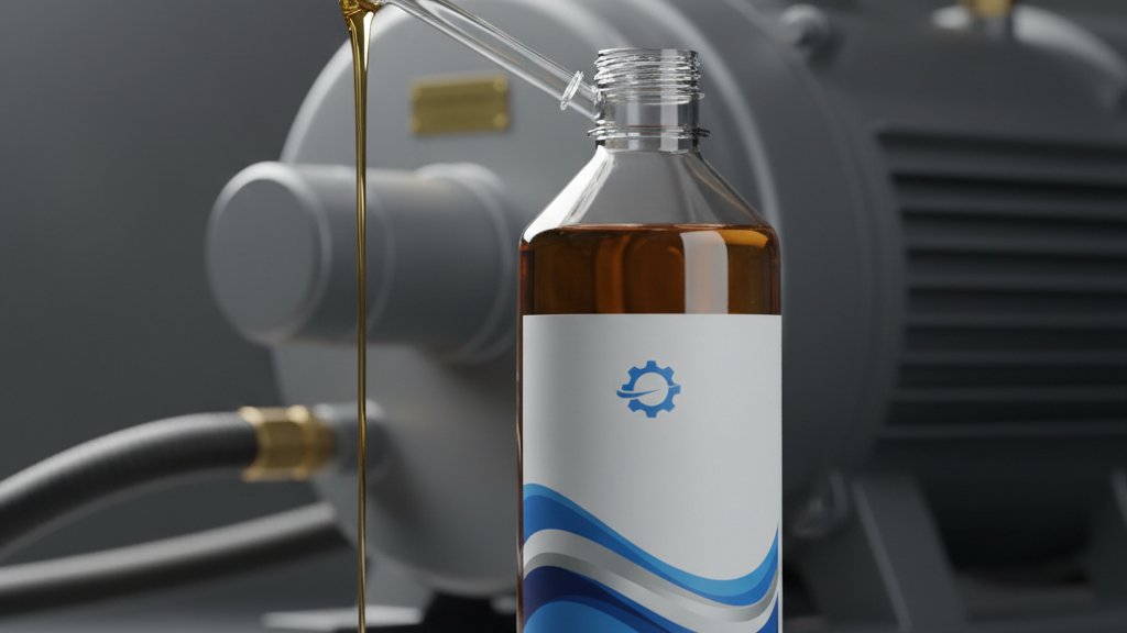 בקבוק שמן למשאבות ואקום ממותג, מונח על רקע משאבת ואקום תעשייתית גדולה, עם דגש על צמיגות ואיכות השמן